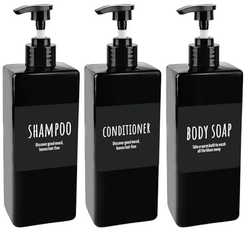 3 x Shampoo Flaschen zum Befüllen 500ml, Pumpflasche Nachfüllbare Shampoo Spender Kunststoff Pumpspender Duschgel Waschmittelspender mit Etiketten für Dusche Küche