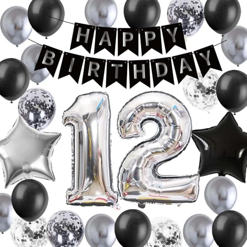 12.Geburtstag Dekoration Junge, Ballon 12. Geburtstagsdeko Silber Schwarz, Luftballon-Set zum 12. Geburtstag für Jungen Mädchen Offizielle Pre-Teen 12 Jahre Partydekoration (12.)