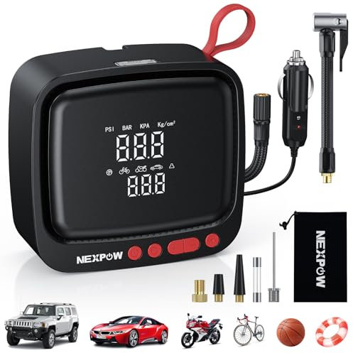 NEXPOW Compresseur à Air Portatif, 150 PSI 12V DC Gonfleur Pneus Voiture, Pompe de Gonflage Rapide avec Écran Digital et Lumières LED, Arrêt Automatique, Air Pump, pour Voiture, Moto, Vélo, Ballon
