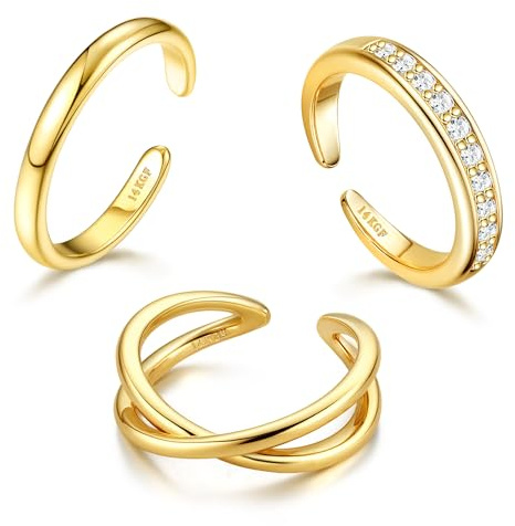 Milacolato 3 Stück 14K Gold Gefüllte Zehenringe für Damen Verstellbare Gold Zehenring Set Offenes Band Einfach CZ Hawaiian Sommer Strand Fußring