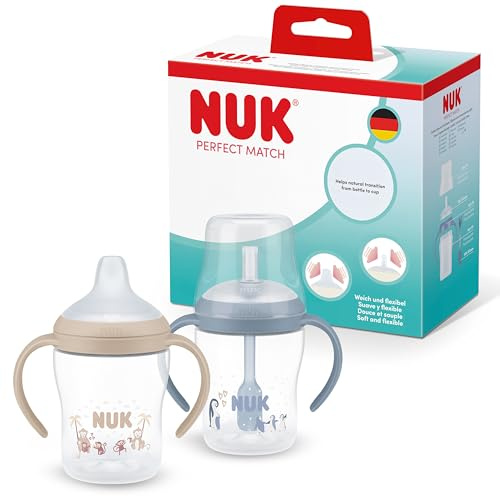 Perfect Match Learner Sugrörsflaskor | 6+ månader | 150 ml | Läckagesäker barnmugg med sugrör | Halkfria handtag | Apa & Pingvin | 2 stycken