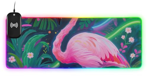 Fluorescerande neon flamingo trådlös laddning glödande stor musmatta för skrivbord inloggningsuppgifter skrivbord 89,9 x 40,9 cm stor musmatta