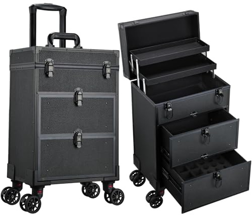 Valise Maquillage, Malette de Manucure et de Coiffure avec Roues 360°, Manche Téléscopique, 2 Plateaux et 2 Tiroirs, Imperméable, Noir