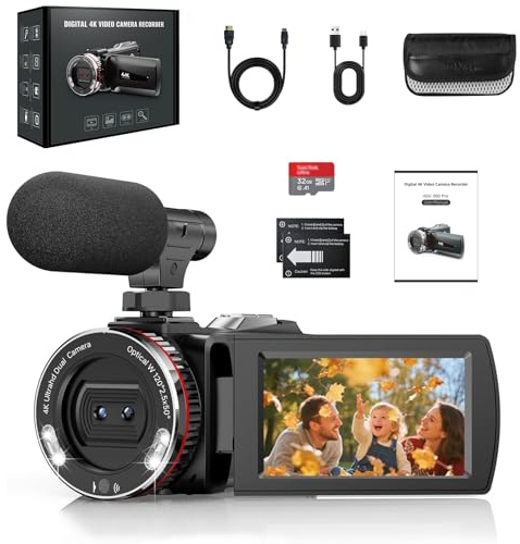 ZIMOCE Caméscope Caméra Vidéo 4K 48MP, Zoom Numérique 21X Caméra de Vlogging à écran 3,0'' 270° pour Youtube, Camescope à Lumière avec 2 Piles, Microphone, Câble HDMI, Carte TF 32 Go