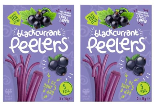 Blackcurrant Peelers Real Fruit Snacks, Gluten Free, No Added Sugar, Made in Britain, Vegetarian, 5 Pack x 16g, Pack Of 2