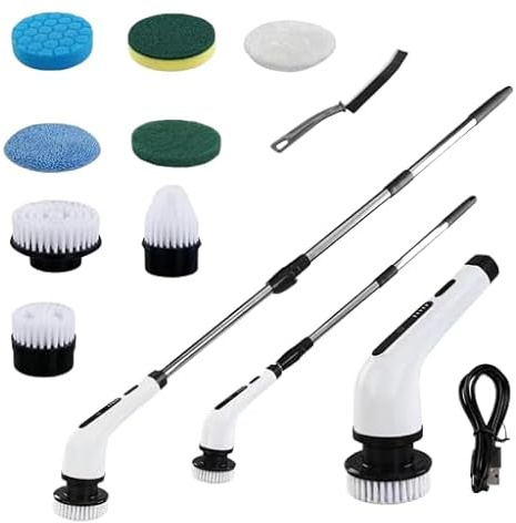 9 in 1 Electric Spin Scrubber Cordless Power Scrubber with Adjustable Extension Handle 2 Speed Rotary Cleaning Brush 9 Replaceable Heads for Bathroom Kitchen Floor Tiles Shower and Tub Black
