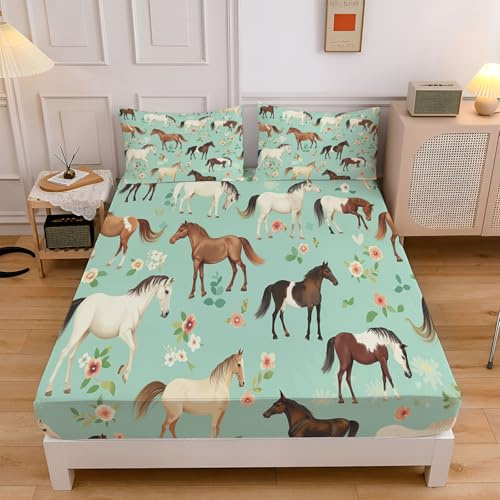 Drap Housse 90x190cm Aquarelle Cheval, 3D Animaux Mignons Fleurs Linge de Lit en Microfibre, Anti Plis pour 1 Personnes Lit,2 Taie d'oreillers,Drap Housse avec pour 30cm Matelas Épais