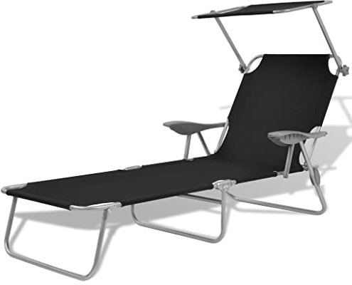 Frdhee Sdraio da giardino, sedia da giardino, sedia reclinabile, poltrona relax ergonomica, sdraio con protezione solare, in acciaio nero, per campeggio, viaggi, vacanze, stabile