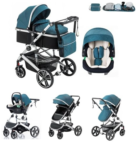 Kakbgee Passeggino Combinato 3 in 1, Passeggino per Bambini con ECE R129 Seggiolino Auto, Telaio in Alluminio ad alto Campo visivo Passeggino, Blu (0-4 Anni, 22KG)