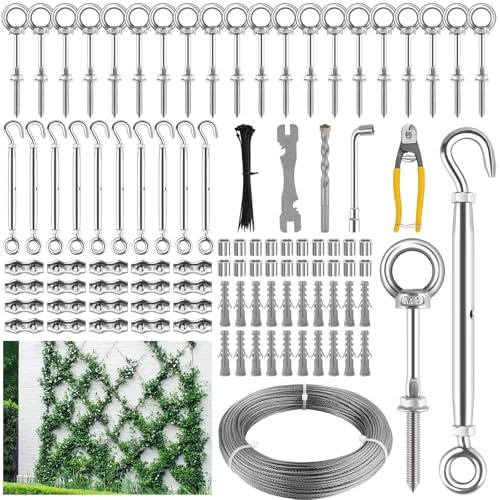 Kalolary T316 Kit de treillis mural tendu de 30 m pour plantes grimpantes, treillis de jardin en acier inoxydable T316 avec tendeur de tendeur de tendeur mural, treillis de