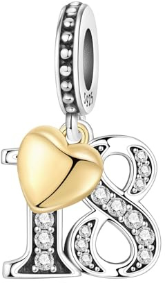 PANPOKI Colgantes numéricos de plata 925 con corazón chapado en oro de 18 K y circonitas – Números 10 13 15 16 18 20 21 25 30 40 50 60 | Perlas compatibles para pulseras y collares, Universal