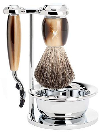 S81M332SM3 MÜHLE VIVO Brown Horn 4-Piece Pure Badger / 3-Blade Razor Shaving Set