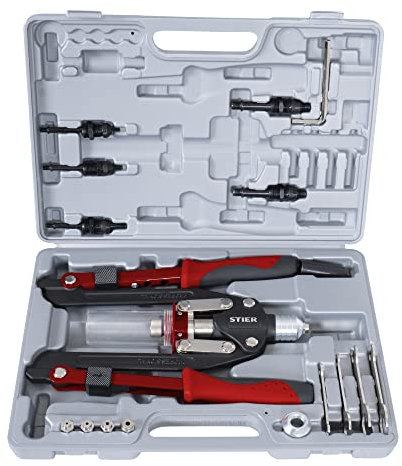 Set con rivettatrice universale STIER, 11 pezzi, per rivetti ciechi e dadi per rivetti ciechi, con set di chiavi a forchetta incluso, in acciaio di alta qualità, rivettatrice, set con rivettatrice per