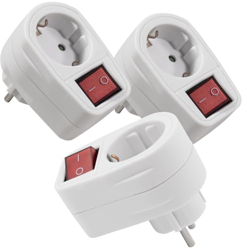 WITTKOWARE 3er-Pack Schutzkontakt-Steckeradapter, Stecker zu Kupplung mit rot beleuchtetem Netzschalter, 16A/250V~