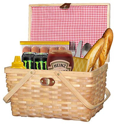 Vintiquewise QI003624 Picknickkorb mit Deckel und beweglichen Griffen, Gingham-gefüttert, aus Holz, Größe: 12,7 x 7,12,7 x 19,1 cm, Natur