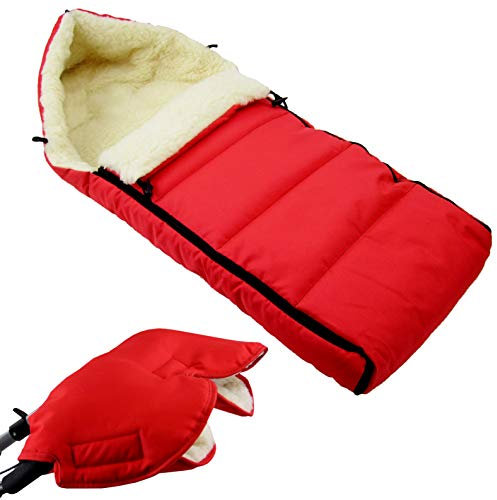 BAMBINIWELT KOMBI-ANGEBOT Muff + Winterfußsack 108cm - aus Lammwolle für Kinderwagen, Buggy, Radanhänger - WOLLE - LINIERT (rot)