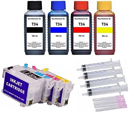 Patronenprofis Nachfüllbare Tintenpatronen T34 XL mit Auto Reset Chips + 4 x 100 ml Premium Nachfüll-Tinte Black, Cyan, Magenta, Yellow für Workforce Pro WF-3720 DW, WF-3720 DWF, WF-3725 DWF