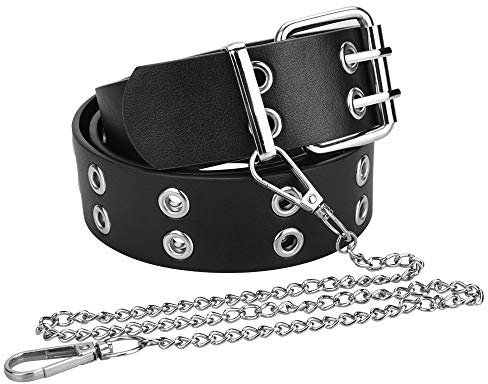 DECARETA Gürtel mit Nieten Damen Doppelloch Nietengürtel Punk Ledergürtel Nieten Schwarz Ösengürtel mit Kette 3.8cm Breite Cosplay Gürtel Leder Hip Hop Gürtel mit ösen für Damen Herren