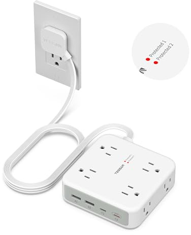 TESSAN Dual Surge Protector Power Strip, 5 Ft Extension Cord Flat Wall Plug with 4 USB (2 USB C) 8 Outlets, 2100J Surge Protection, 20W Multiple Charging Station for Home, Office, College, Dorm, Grey