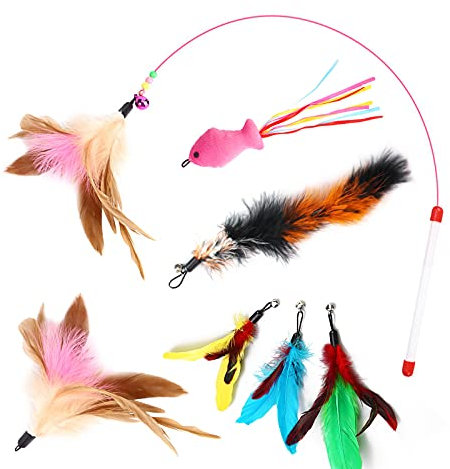 YUTOU Katzenspielzeug Set Katzen Spielsachen mit 1 Katzenangel und 5 Katzenangel Ersatz Glocken Interaktives Katzenspielzeug Spielzeug mit Federn