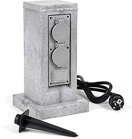 Steckdosensäule 4fach in Granitoptik, IP44, Außensteckdose mit 1,5m Kabel und Erdspieß