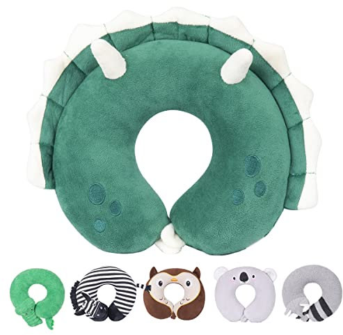 H HOMEWINS Kinder Reisekissen Ultraweich Nackenkissen Kopfstütze Süß Nackenhörnchen Waschbar Nackenstützkissen Reise Schlafkissen für Auto Flugzeug (Triceratops)
