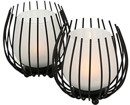 Modernist Home 2 Piece Black and White Candle Holders, Wire and Frosted Glass Windlights, Tea Light or Votives, Ball Feet, 4.75 Inches