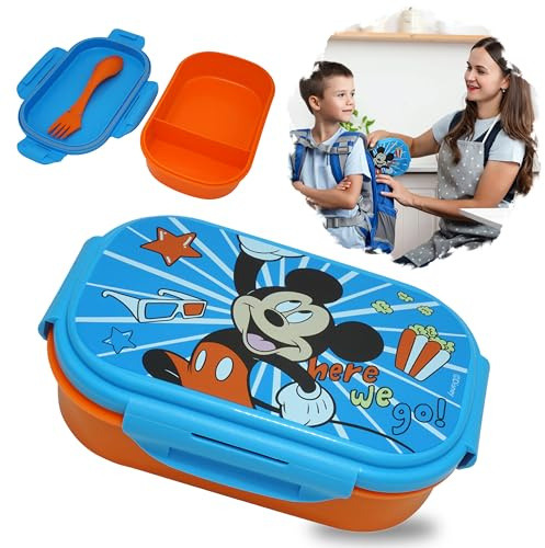 Fiambrera infantil con cubiertos, lonchera de Mickey Mouse hecha de plástico sin BPA, apta para lavavajillas, caja de sándwich para niños, viajes de regreso a la escuela, tamaño: 20 cm