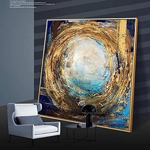 Abstraktes Ölgemälde auf Leinwand, Kunstwerk, goldener blauer Kreis, Ball, Poster und Drucke, moderne gerahmte Kunst, Wandbild, Dekor, 90 x 90 cm (36 x 36 Zoll) mit Rahmen