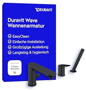 Duravit Wave 3-Loch Wannenarmatur, Einhebel-Wannenmischer mit Keramikmischsystem, Badewannenarmatur, Schwarz Matt