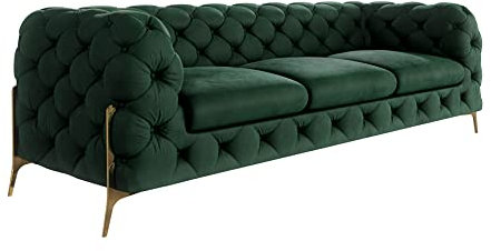 S-Style Möbel Milton Sofa 3-Sitzer Chesterfield-Sofa für Wohnzimmer Lounge Couch mit verchromten Füßen Möbel Freistehende Polster Sofas & Couches Couchgarnitur Flaschengrün 243 x 73 x 100 cm