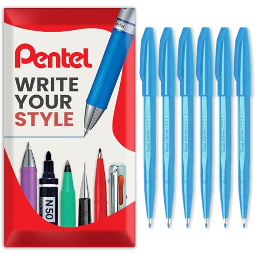 Pentel S520 Original Sign Pen Fasermaler, Fineliner, 2 mm Spitze, 1 mm Linie, Himmelblaue Tinte, 6 Stück in Geschenkbox