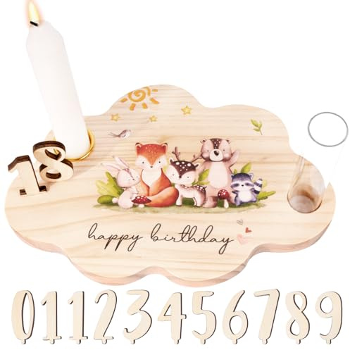 Bougeoir en Bois Anniversaire Support pour Bougie Porte Bougie Cadeau d’Anniversaire Chauffe Plat Motif Animaux en Forme de Nuage avec Numéro 0-9 Décoration de Table Cadeau Anniversaire