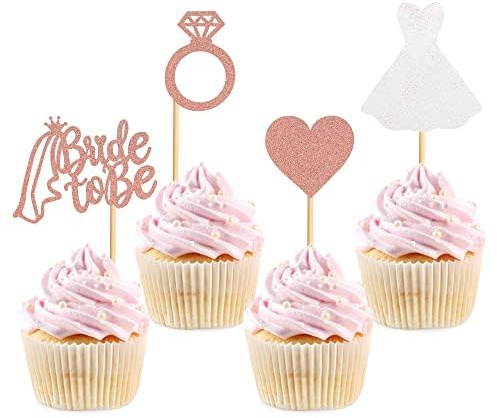 Blumomon Pack of 24 Glitter Bride to Be Cupcake Toppers with Diamond Heart Dress Cake Toppers for Bridal Shower Bachelorette Party Hen Party Supplies Engagement Decorations