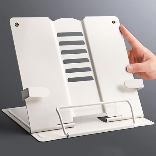 KARFRI Buchständer, verstellbar, tragbar, Metall, Lesehalter, unterstützt Dokumentenablage, Tablet, Musiknoten, Rezeptständer, Kochbuch, Geschenk (weiß, 21,1 x 16,5 x 19,1 cm)