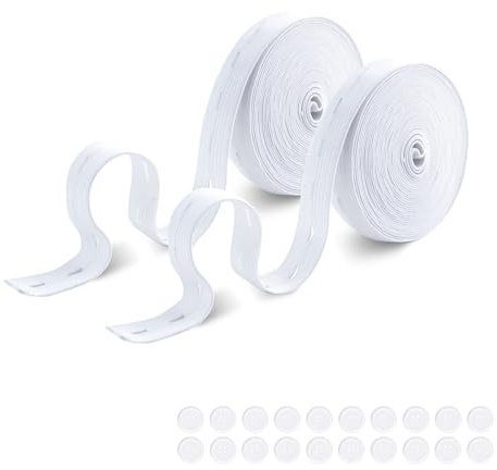2 Rollen 10m Elastisch Gummiband Nähen, Knopfloch Gummiband Breit, Hosengummi Gummizugband Gesamt 10m, Breites 20mm mit 20 Knöpfe, Polyester Elastisches Band für Gürtel Hosenkordel (White)