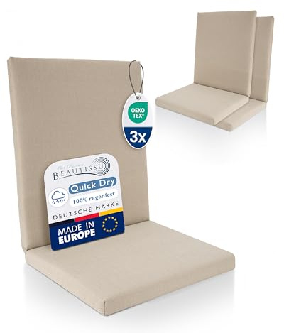 Beautissu 3er Set Premium Niedriglehner Auflage 100% Wasserdicht Sitzkissen | 100x50cm Beige Gartenstuhl bequem pflegeleicht waschbar Polsterauflage Gartenmöbel Stuhlauflage UV-beständig Auflagen QD-NL