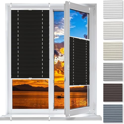 Jalousien Fenster Raffrollo, Fenster Plissee 58 x 100 cm, Sonnenschutz Easyfix Lichtdurchlässig, Plissee Ohne Bohren Verdunklung Klemmfix, Plisseerollo Rollo Jalousie, für Fenster & Tür, Schwarz