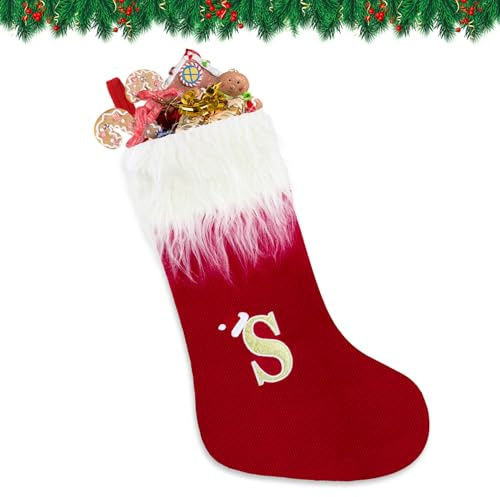 VReder Weihnachtsstrümpfe, 56 cm weißer Bart personalisierte gestickte Strümpfe mit Buchstaben, rote Kamin hängende Weihnachtsmann-Socken für Weihnachtsbaum-Dekor Weihnachtsgeschenk (Monogramm S)