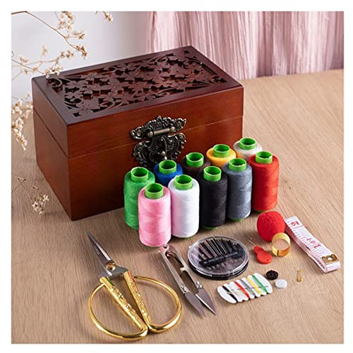 Nähkästchen – Vintage-Nähset aus Massivholz, Nähkästchen-Organizer mit Zubehör-Set, Nähset-Korb for Anfänger/Erwachsene/Kinder/Damen/Herren (Farbe: Holzfarbe, Größe: 21,5 x 13,5 x 9 cm)