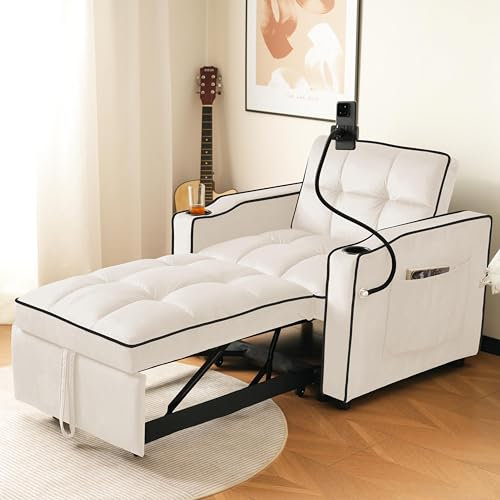 83cm 3 in 1 Schlafsessel Liegestuhl Schlafsofa Verstellbarer Sessel Ausziehbares Gästebett Einzelsessel Sofa mit Getränkehaltern Handyhalter Seitentasche Rückenlehne Samtgepolsterter Sessel Beige