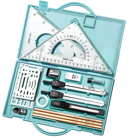 Zeichenset – Set mit Linealen und Zirkeln aus Metall mit Etui | Komplettes Zeichenset mit Dreieckslineal für präzise Messungen, Zeichenbedarf und professionelle Werkzeuge