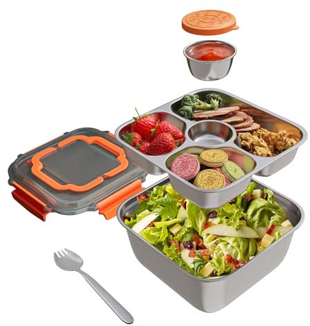 OCPO Kitchen Lunch Box Acciaio Inox, 1900ml Porta Pranzo Adulti, Scatole Bento Box con Scomparti e Cucchiaio, Snack Box, Prova di Perdite Pranzo per Adulti per Ufficio Scolastiche Picnic, Arancione