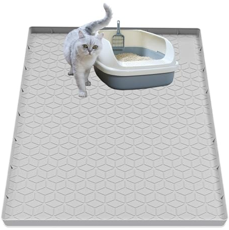 Jacooxi Cat Litter Mat for Litter Box, Silicone Large Cat Litter Trapping Mat - 34x22 in, Waterproof & Non-Slip, Durable & Easy Clean, Light Gray