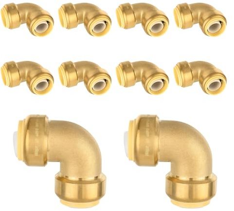 (10 Pack) Foskan 1/2 Inch x 1/2 Inch Brass Elbow, Push-to-Connect Pex, Copper and CPVC Pipes, Push Fit Fittings Includes Removal Clip