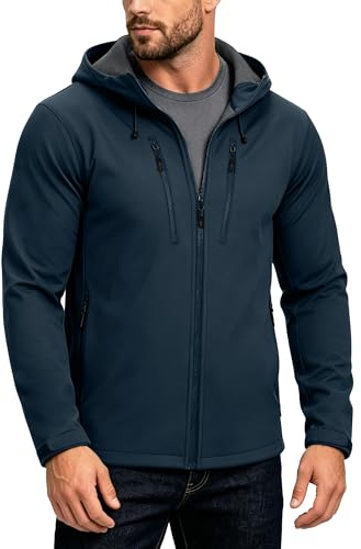 33,000ft Men's Waterproof Softshell Jackets Lightweight Fleece-Lined Running Jacket Breathable Windbreaker Casual Functional Coat with Hood for Cycling, Hiking,Golf Midnight Blue L