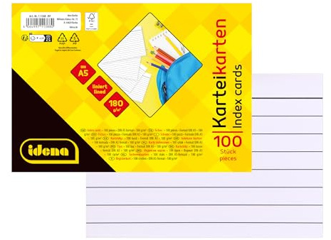 Idena 11388 - Karteikarten A5, 100 Stück liniert, Lernkarten aus 180 g/m² FSC-Mix Papier in Weiß, für Schule und Büro
