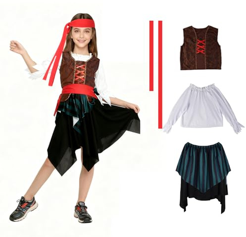 Kinwers Piratdräkt för barn, 5 stycken innehåller toppar, jackor, kjolar, huvuddukar och bälte, för halloween flickor L (120–130 cm)