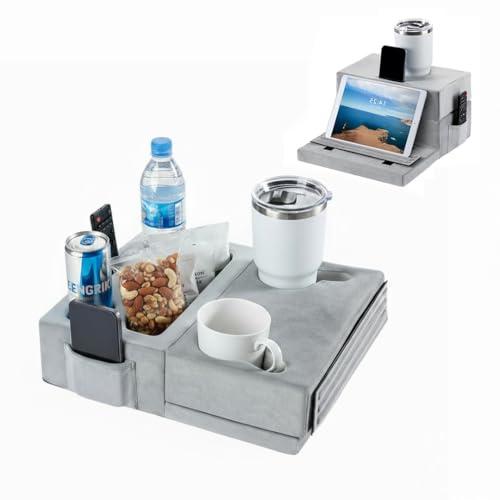 Sofa Cup Holder Tray Pillow - Holds Drinks, Snacks, Remotes & Devices - Cup Holders & Storage Pockets for Couch, Bed Cup Holder (Grey)