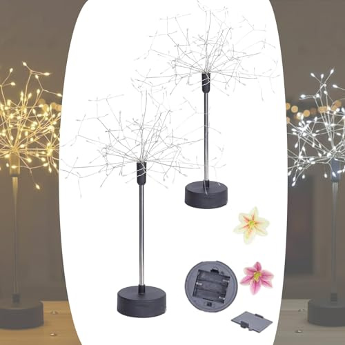 Nest and Flowers Table Lights Fireworks, Cordless Lighting Nestandflowers Mini Table Starburst Silver Lights, 120 Led Battery Powered Firework Centerpiece Light for Christmas, Wedding (2pcs-c)